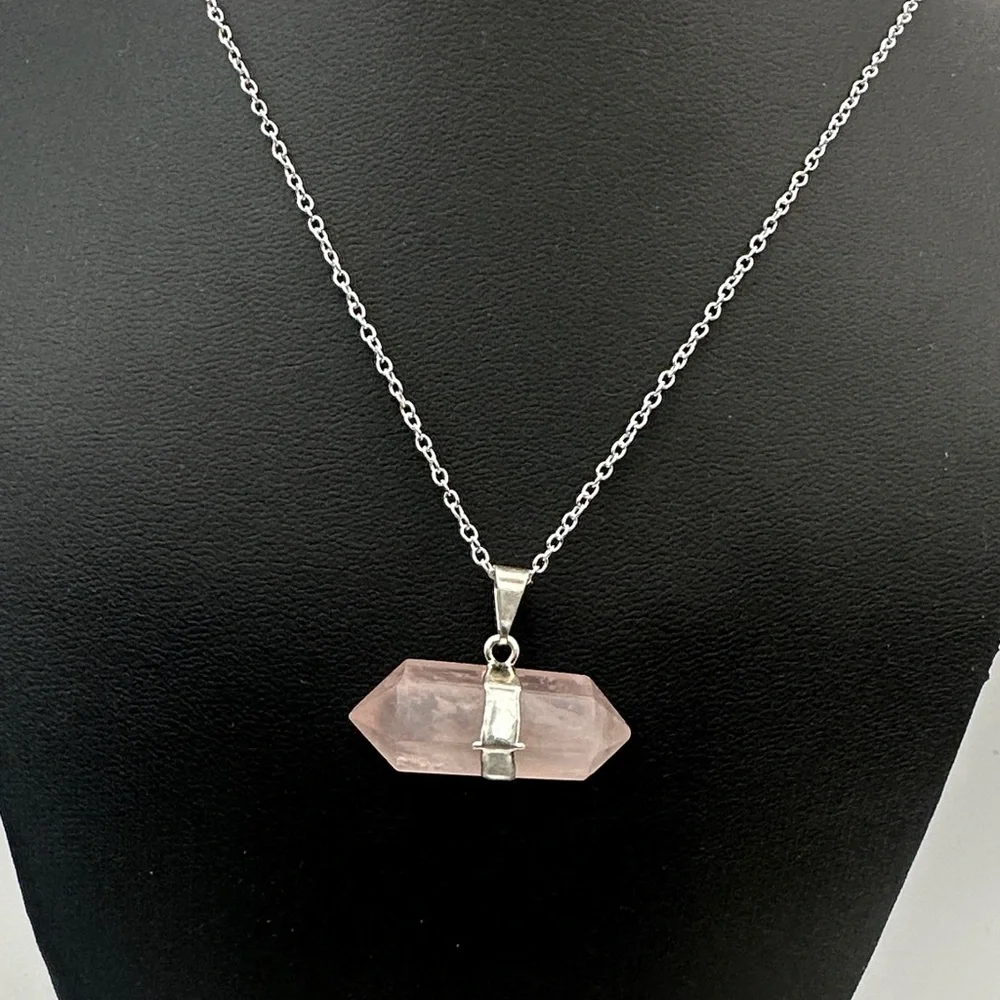 Double Terminated Rose Quartz Pendant on Silver Box Chain - Picture 6 of 8